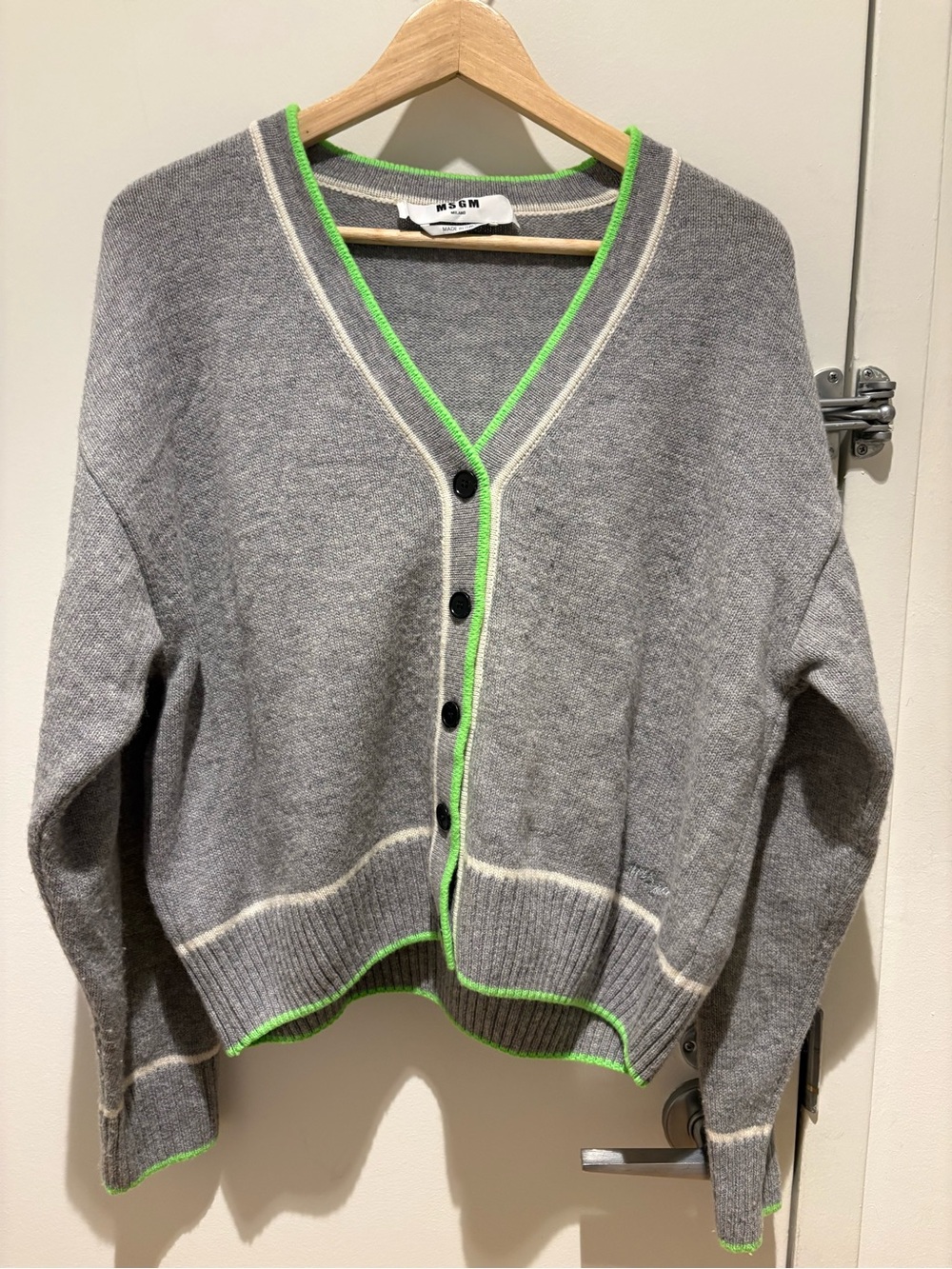 MSGM Gray Wool/Cashmere Blend Cardigan with Neon Green & Cream Piping